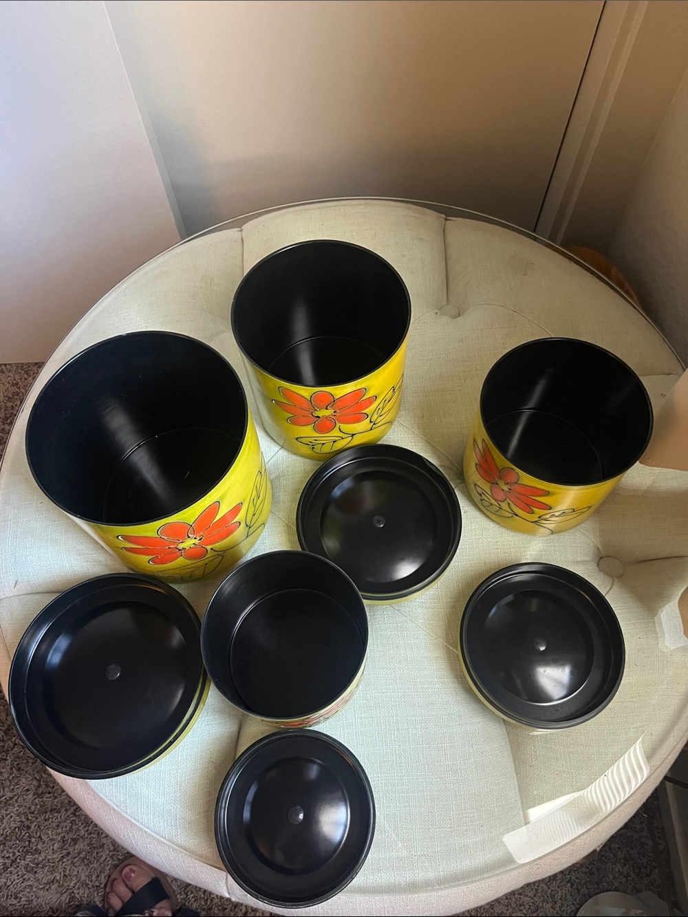 Vintage Yellow Floral Metal Canister Set - 4pc Made In Japan - Picture 4 of 9